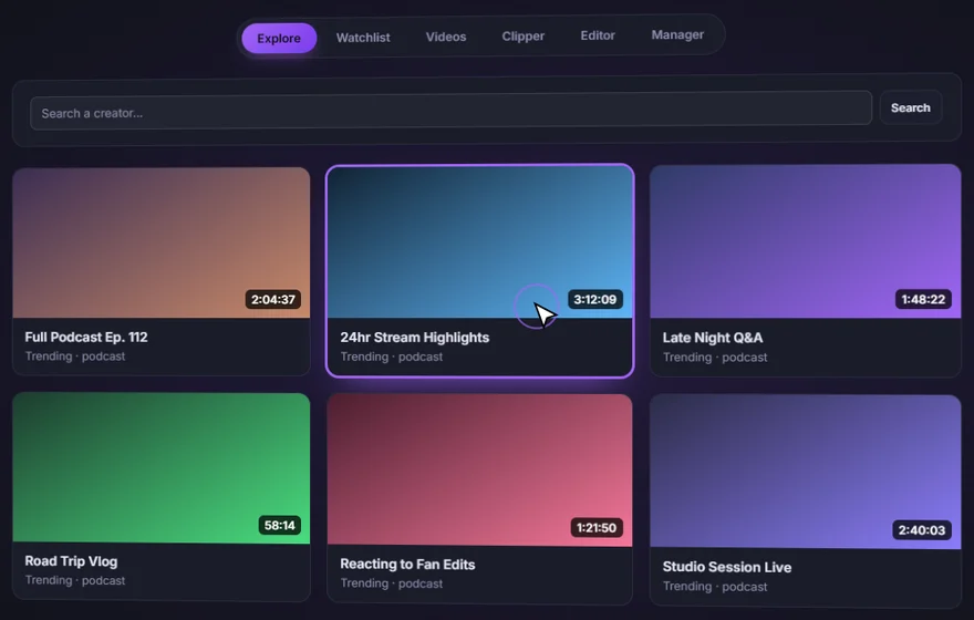YTShark's Explore screen: search a creator and pick from trending long videos